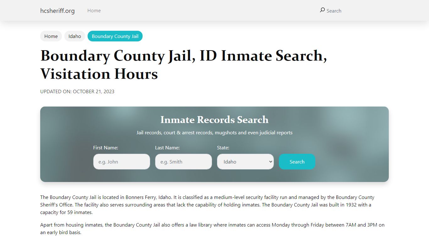 Boundary County Jail, ID Inmate Search, Visitation Hours